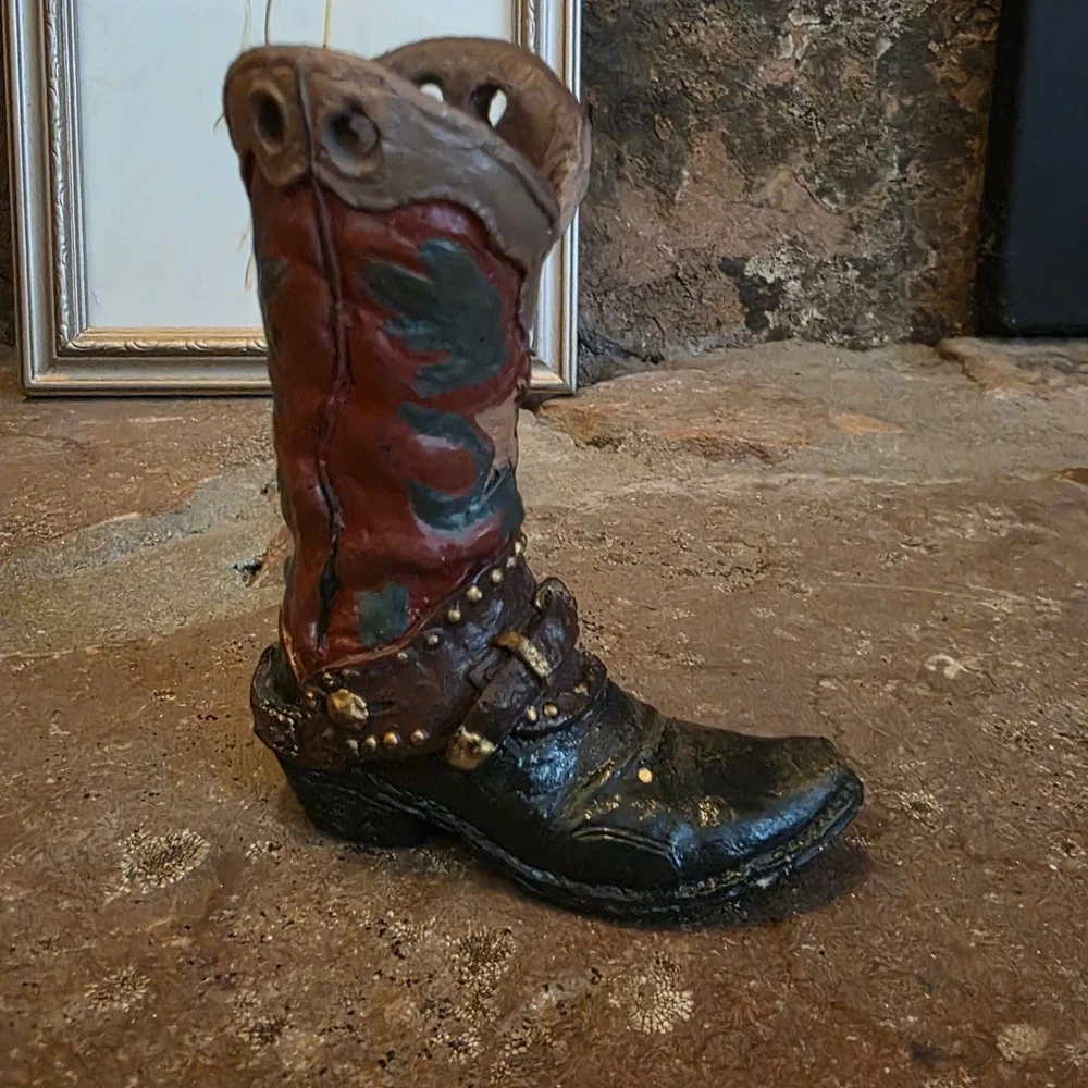 Vintage Western Cowboy Boot Figurine Red Black Star Studded Decorative Vase 4.5